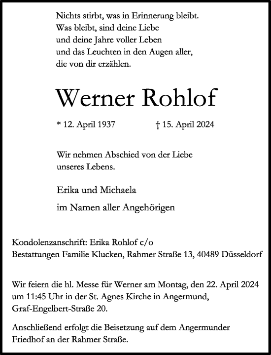 Traueranzeige von Werner Rohlof von Rheinische Post