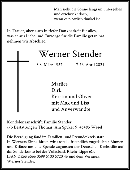 Traueranzeige von Werner Stender von Rheinische Post