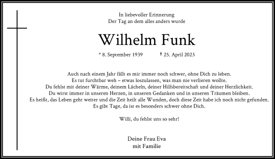 Traueranzeige von Wilhelm Funk von Rheinische Post