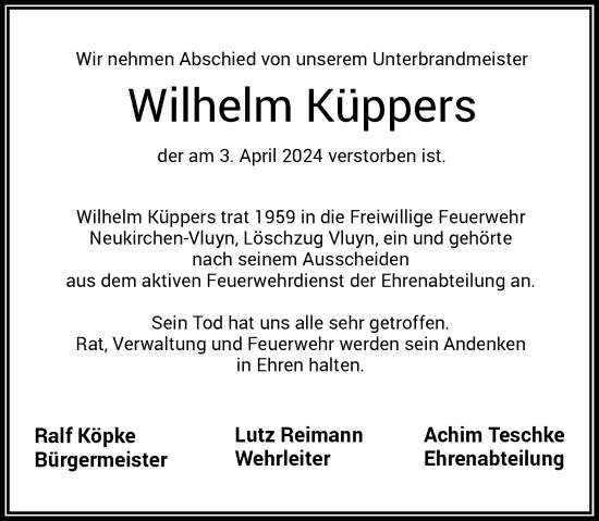 Traueranzeige von Wilhelm Küppers von Rheinische Post