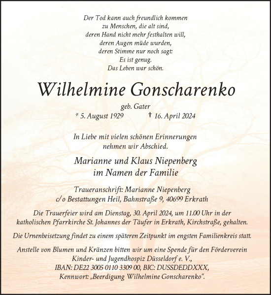 Traueranzeige von Wilhelmine Gonscharenko von Rheinische Post