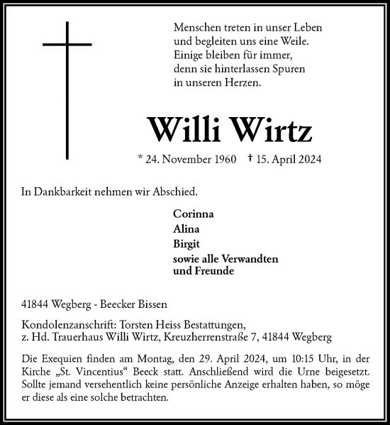 Traueranzeige von Willi Wirtz von Rheinische Post