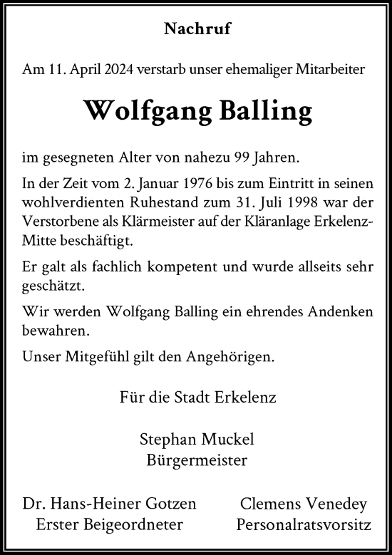 Traueranzeige von Wolfgang Balling von Rheinische Post