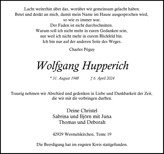 Traueranzeige von Wolfgang Hupperich von Rheinische Post