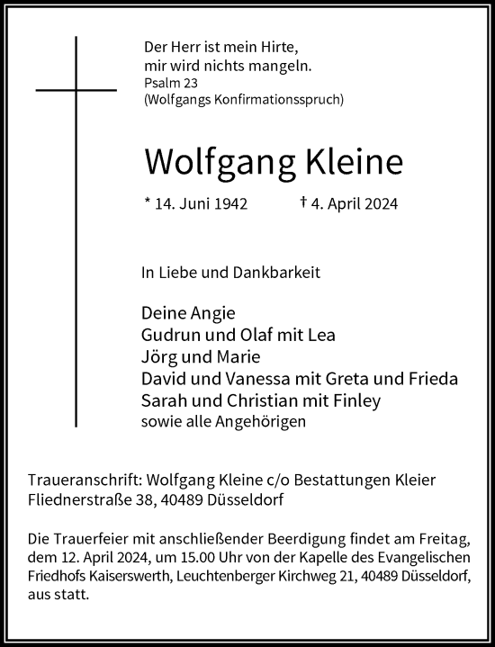 Traueranzeige von Wolfgang Kleine von Rheinische Post