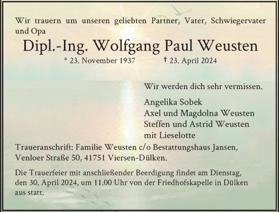 Traueranzeige von Wolfgang Paul Weusten von Rheinische Post