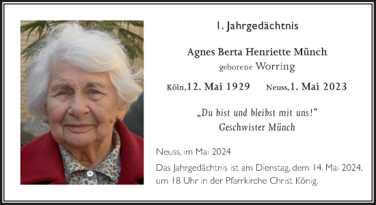 Traueranzeige von Agnes Berta Henriette Münch von Rheinische Post