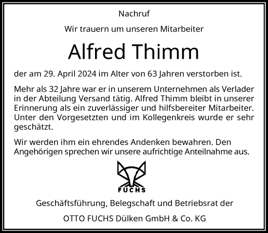 Traueranzeige von Alfred Thimm von Rheinische Post
