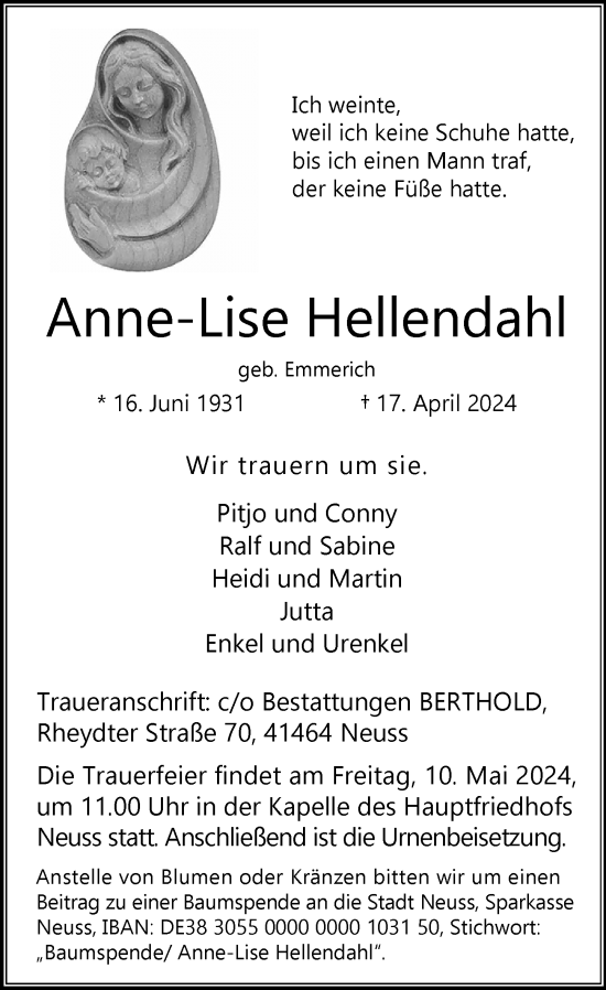 Traueranzeige von Anne-Lise Hellendahl von Rheinische Post