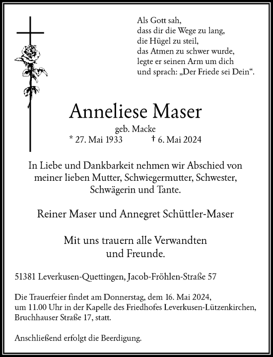 Traueranzeige von Anneliese Maser von Rheinische Post