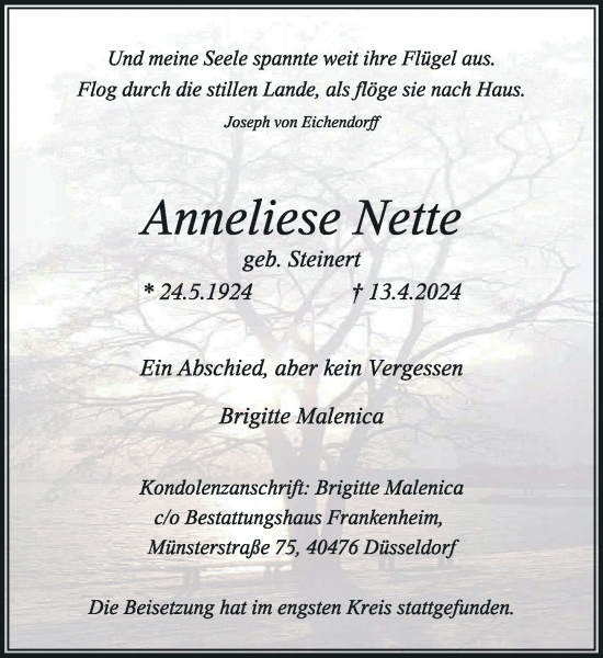 Traueranzeige von Anneliese Nette von Rheinische Post