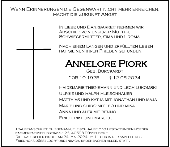 Traueranzeige von Annelore Piork von Rheinische Post