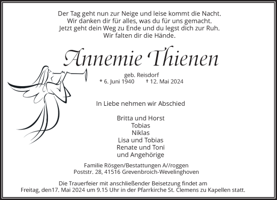Traueranzeige von Annemie Thienen von Rheinische Post