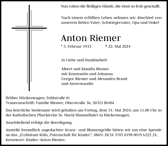 Traueranzeige von Anton Riemer von Rheinische Post