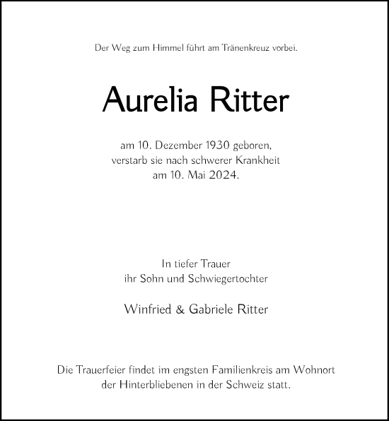 Traueranzeige von Aurelia Ritter von Rheinische Post
