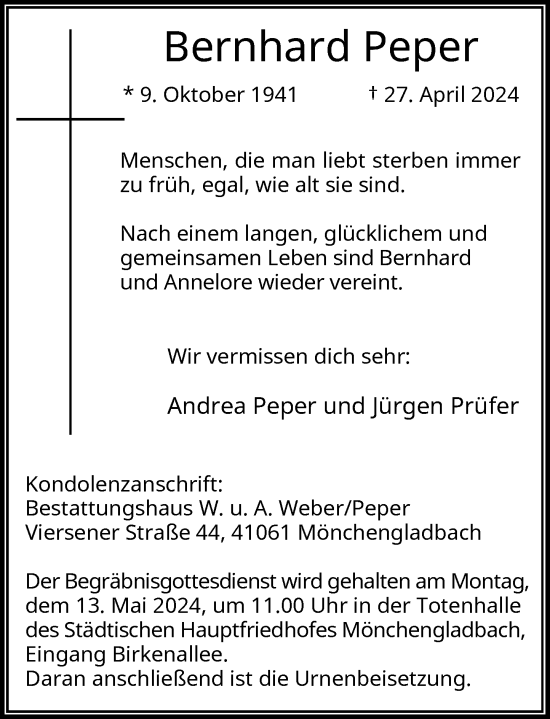 Traueranzeige von Bernhard Peper von Rheinische Post