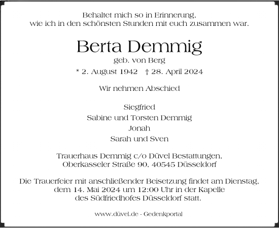 Traueranzeige von Berta Demmig von Rheinische Post