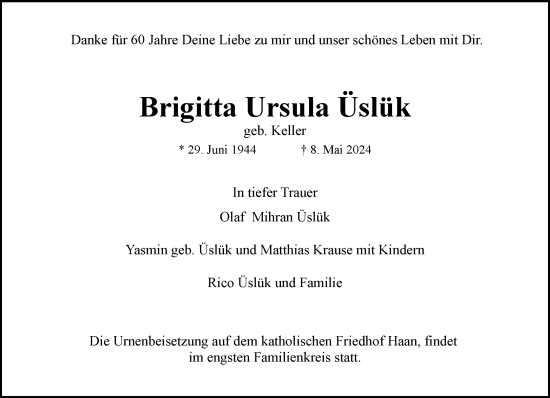 Traueranzeige von Brigitta Ursula Uslük von Rheinische Post