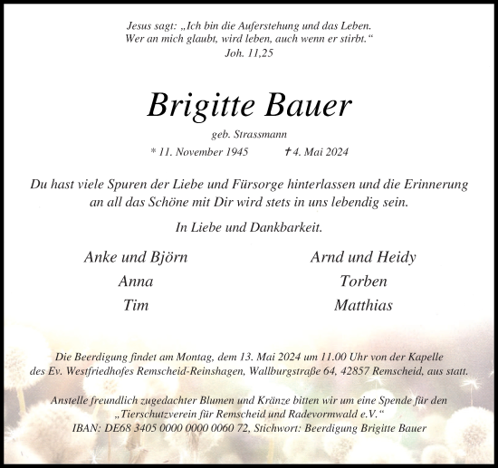 Traueranzeige von Brigitte Bauer von Rheinische Post