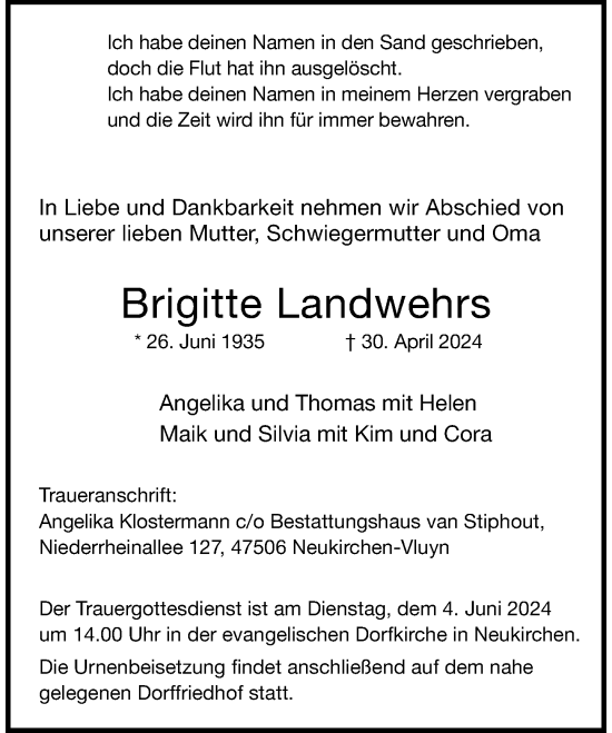 Traueranzeige von Brigitte Landwehrs von Rheinische Post