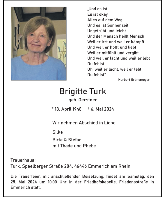 Traueranzeige von Brigitte Turk von Rheinische Post