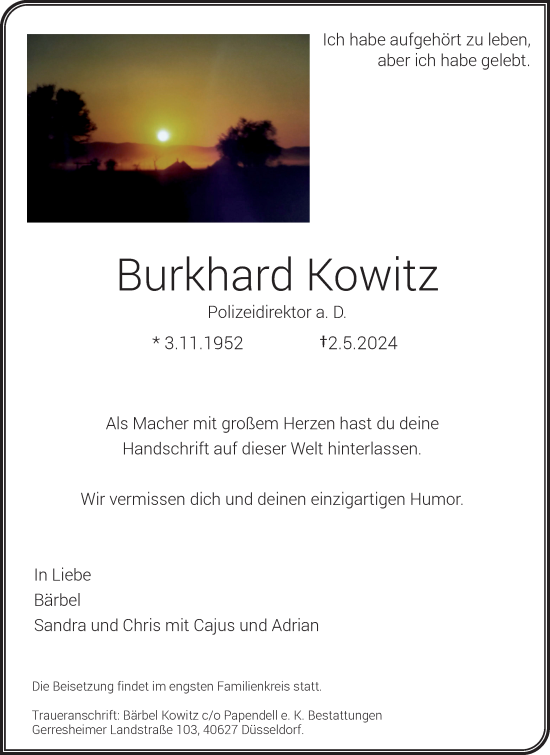 Traueranzeige von Burkhard Kowitz von Rheinische Post