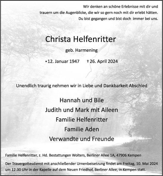 Traueranzeige von Christa Helfenritter von Rheinische Post