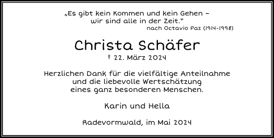 Traueranzeige von Christa Schäfer von Rheinische Post