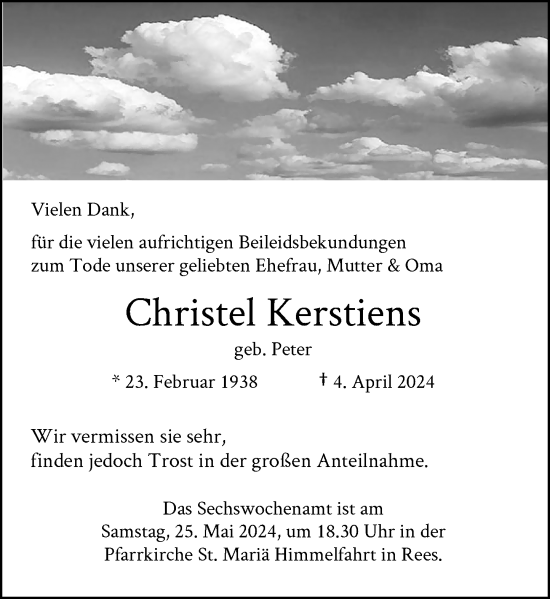 Traueranzeige von Christel Kerstiens von Rheinische Post