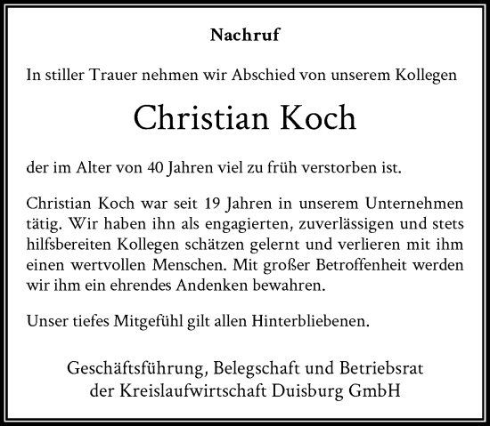 Traueranzeige von Christian Koch von Rheinische Post