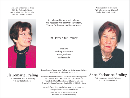 Traueranzeige von Clairemarie und Anna Katharina Fraling von Rheinische Post