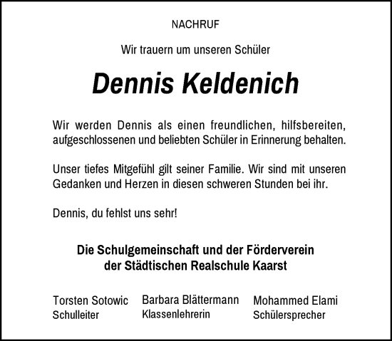Traueranzeige von Dennis Keldenich von Rheinische Post
