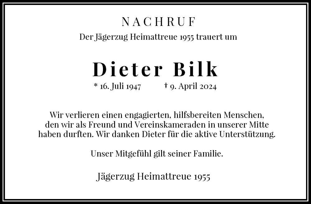  Traueranzeige für Dieter Bilk vom 14.05.2024 aus Rheinische Post