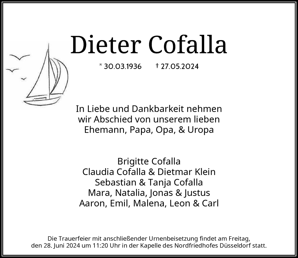  Traueranzeige für Dieter Cofalla vom 01.06.2024 aus Rheinische Post