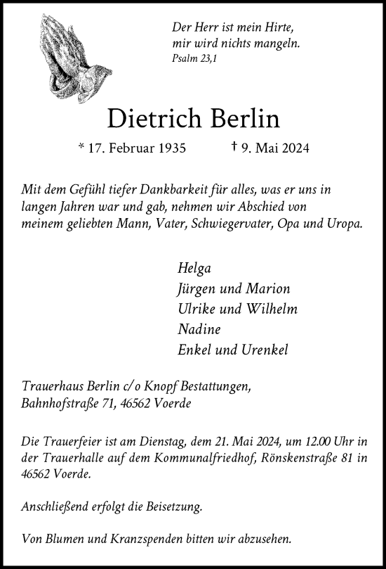 Traueranzeige von Dietrich Berlin von Rheinische Post