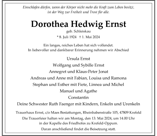 Traueranzeige von Dorothea Hedwig Ernst von Rheinische Post