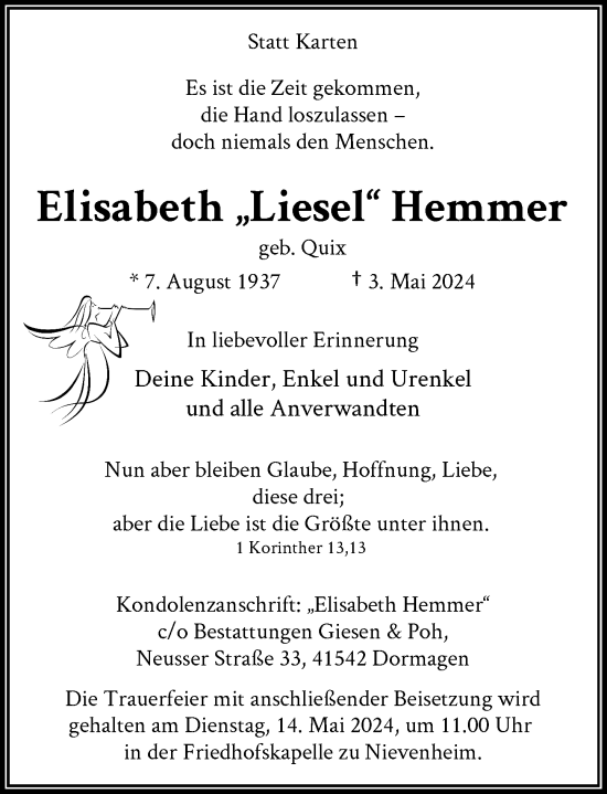 Traueranzeige von Elisabeth Hemmer von Rheinische Post