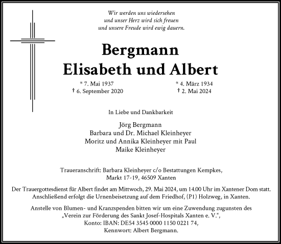 Traueranzeige von Elisabeth und Albert Bergmann von Rheinische Post