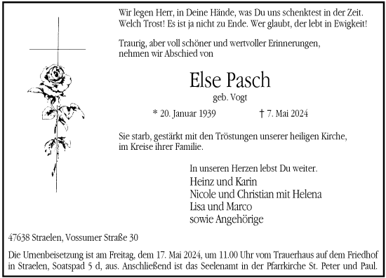 Traueranzeige von Else Pasch von Rheinische Post