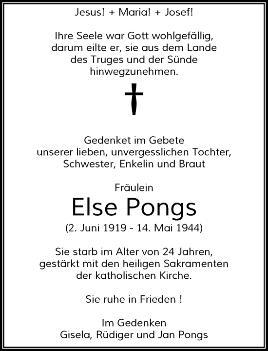 Traueranzeige von Else Pongs von Rheinische Post