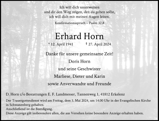 Traueranzeige von Erhard Horn von Rheinische Post