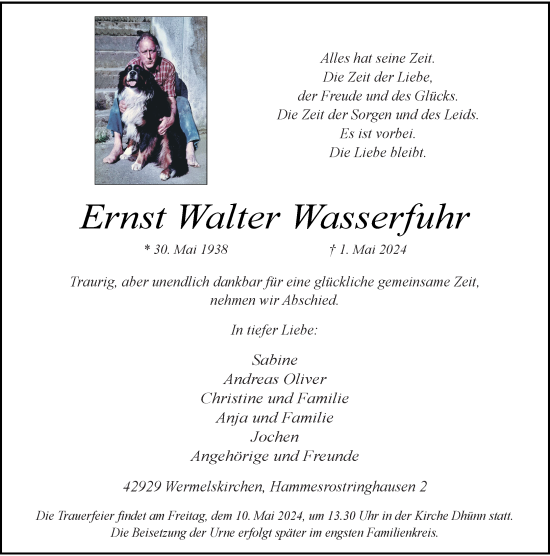 Traueranzeige von Ernst Walter Wasserfuhr von Rheinische Post