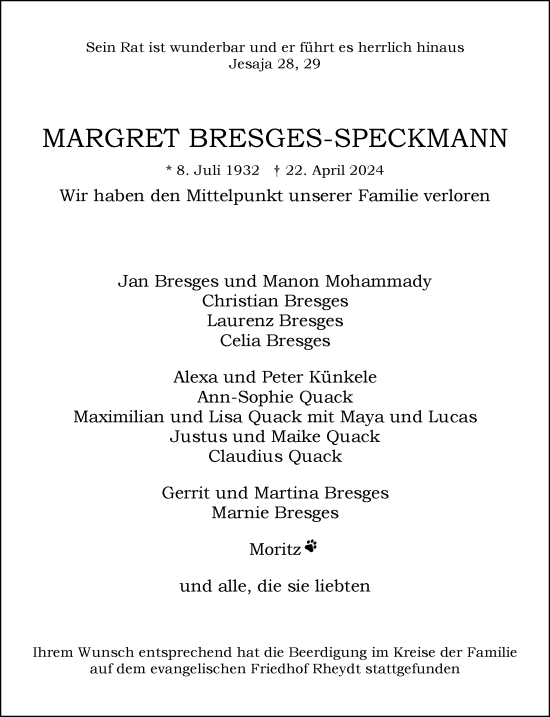 Traueranzeige von Margret Bresges-Speckmann von Rheinische Post