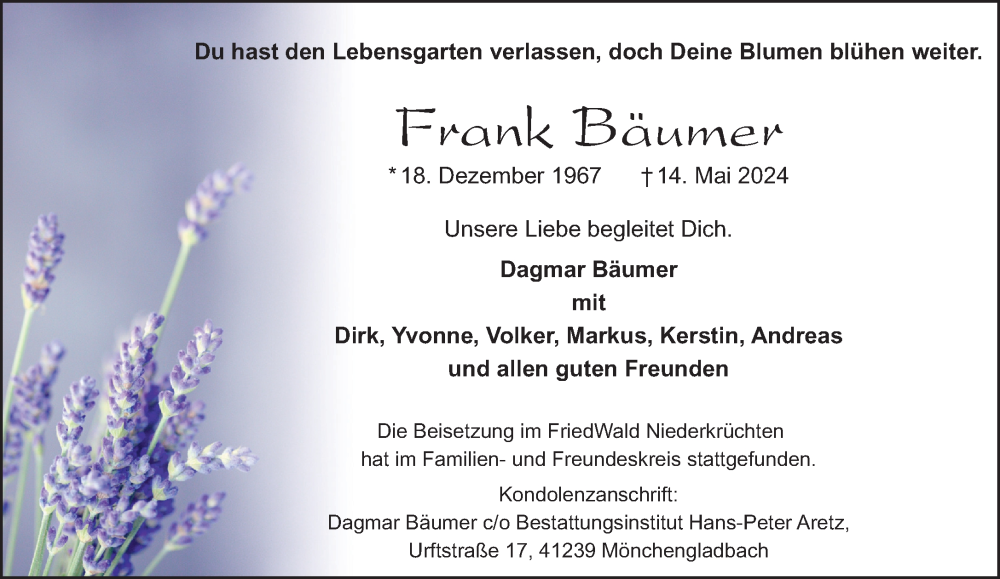  Traueranzeige für Frank Bäumer vom 01.06.2024 aus Rheinische Post