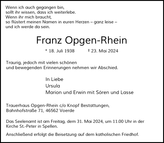 Traueranzeige von Franz Opgen-Rhein von Rheinische Post