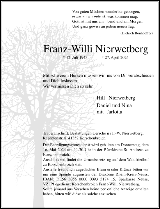 Traueranzeige von Franz-Willi Nierwetberg von Rheinische Post