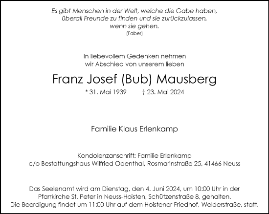 Traueranzeige von Franz Josef  Mausberg von Rheinische Post