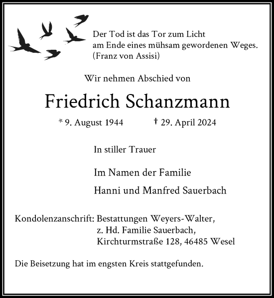Traueranzeige von Friedrich Schanzmann von Rheinische Post