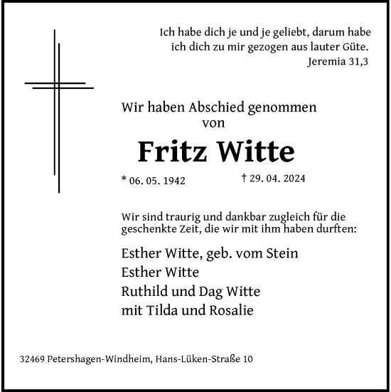 Traueranzeige von Fritz Witte von Rheinische Post