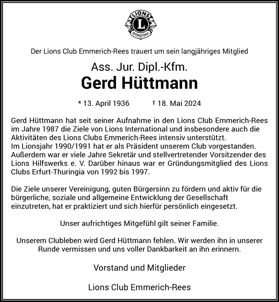 Traueranzeige von Gerd Hüttmann von Rheinische Post